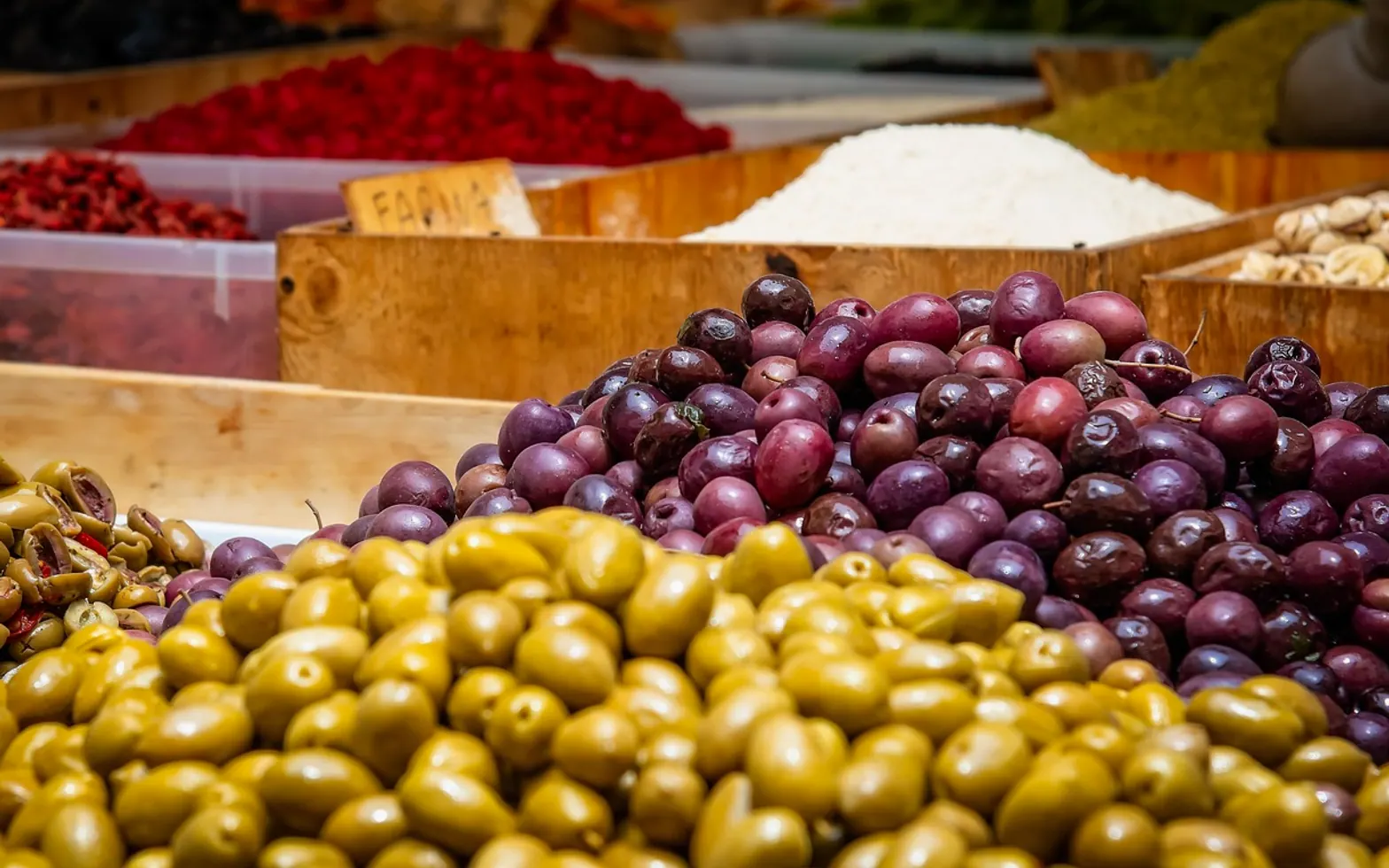 Olives, fruits and market